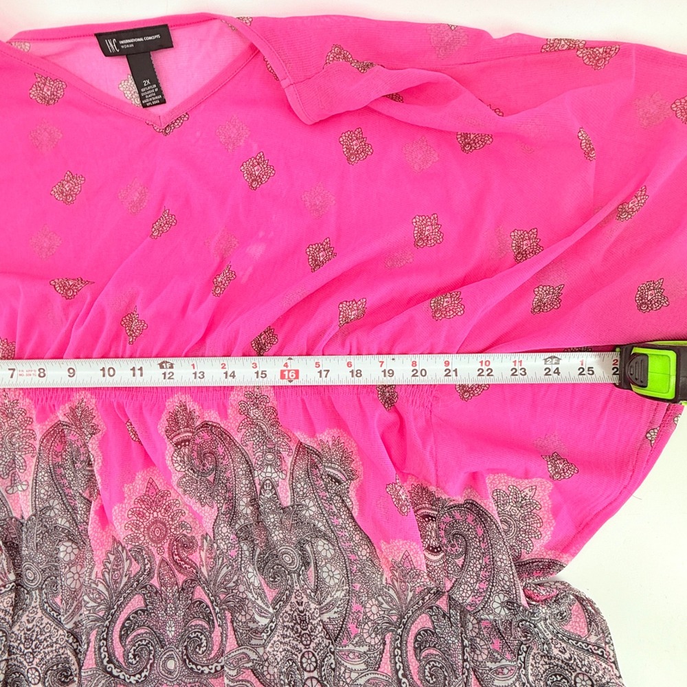 INC International Concepts Hot Pink Paisley Mesh Kaftan‎ Top V-Neck Plus 2X - Picture 6 of 7
